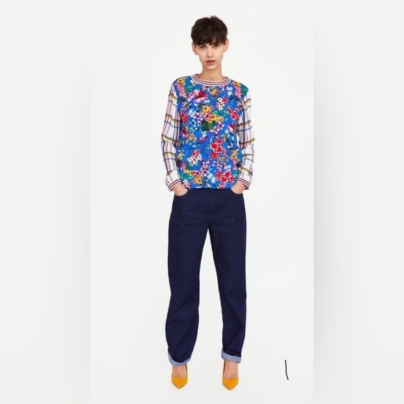 Zara Floral and Plaid Long Sleeve Top - Blue and Red - Picture 2 of 7